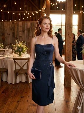 Daymor Couture Navy Blue Beaded Rhinestone Embellished Special Occasion Dress